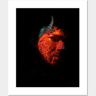 Portrait, digital collage and special processing. Devil face, side. Horn and lava texture. Posters and Art